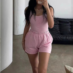 Aiertu  -  Women's Fashion Jumpsuit Set Leisure Solid Color Holiday Home Sexy Sleeveless Camisole Rompers+Shorts Tracksuit Y2k Outfits Aiertu