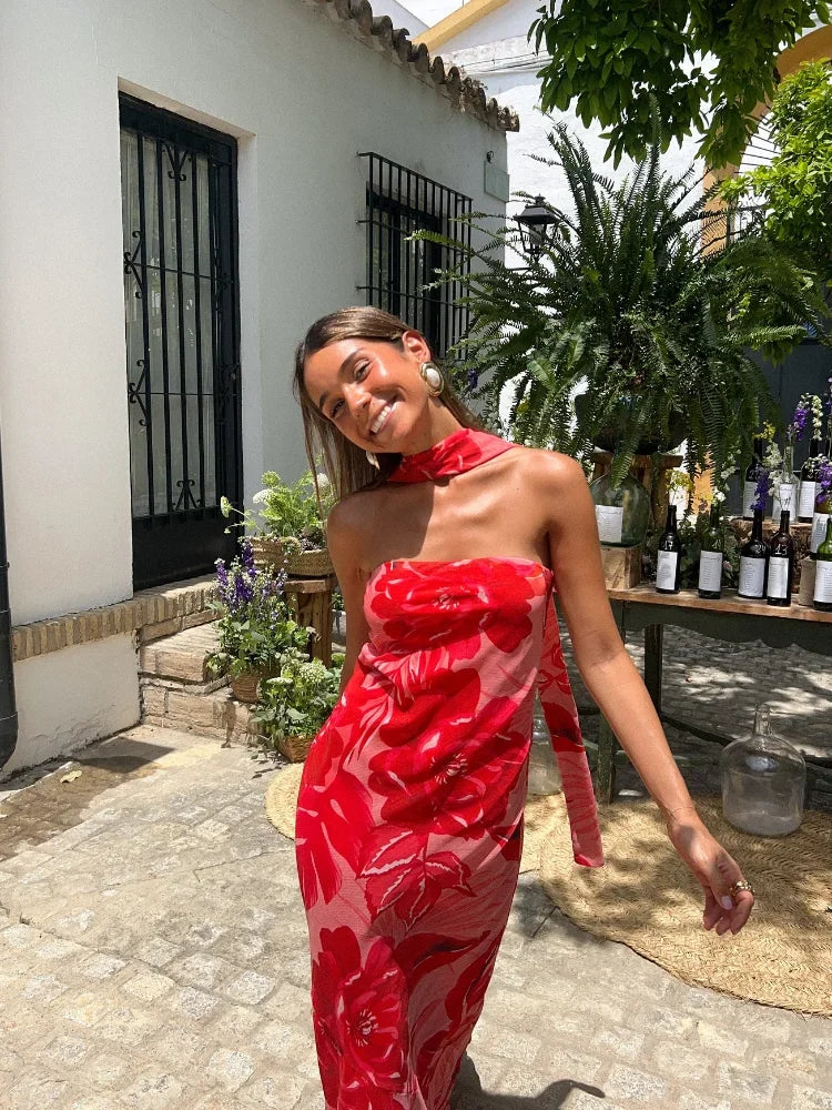 Aiertu  -  Ribbon Scarf Printed Strapless Dress Backless Sexy Slimming Vacation Beach Lady Maxi Long Dress Party Robes Women's Clothing Aiertu