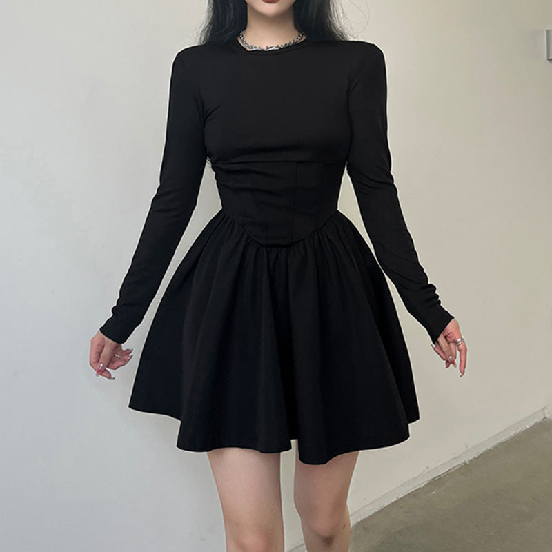 Aiertu - Corset Detail Black Long Sleeve Mini Dress Aiertu