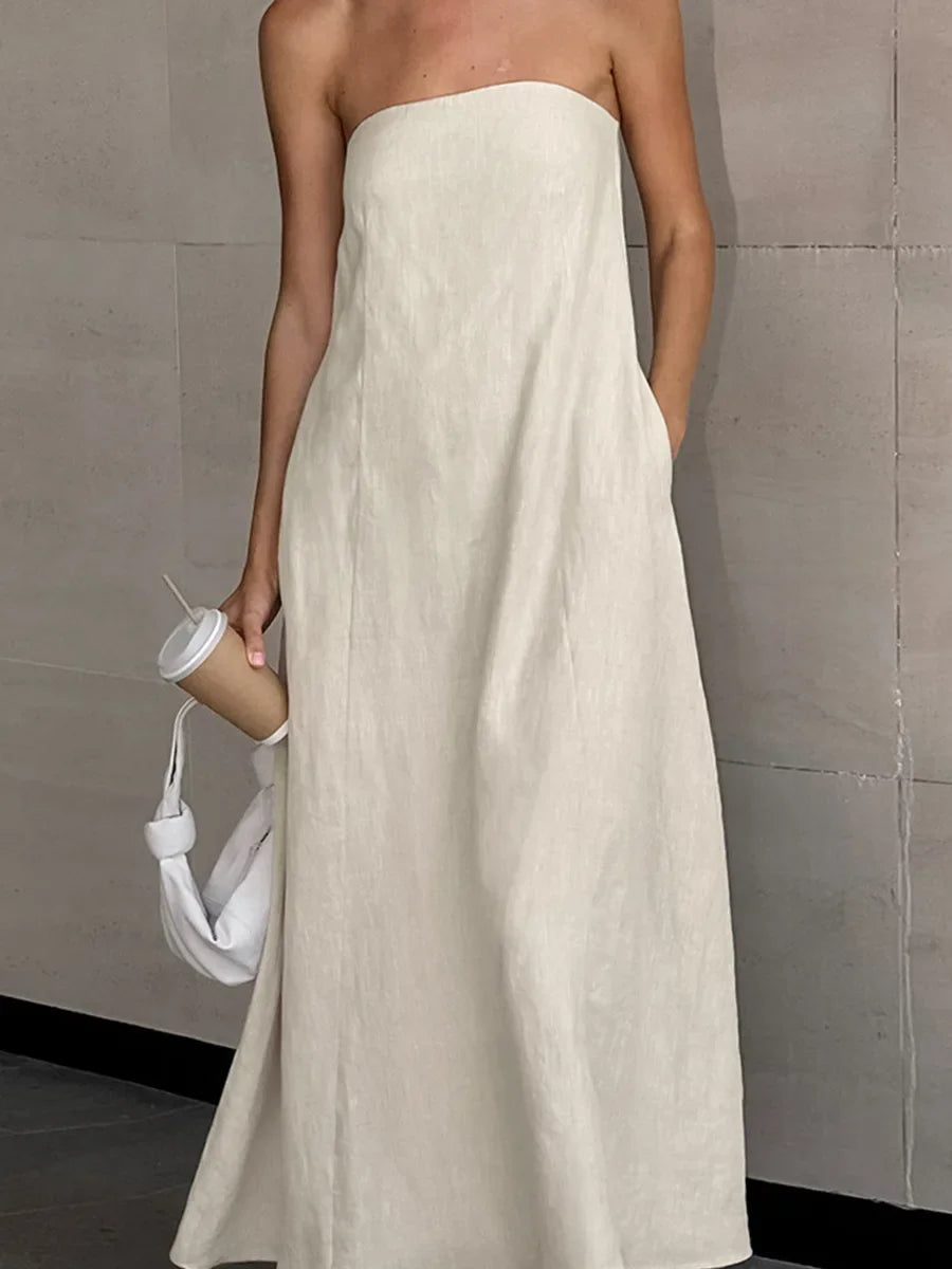 Aiertu  -  Summer New Cotton Linen Strapless Dress Women's Vacation Style Off Shoulder Dress Fashion Female Backless Long Skirt Aiertu