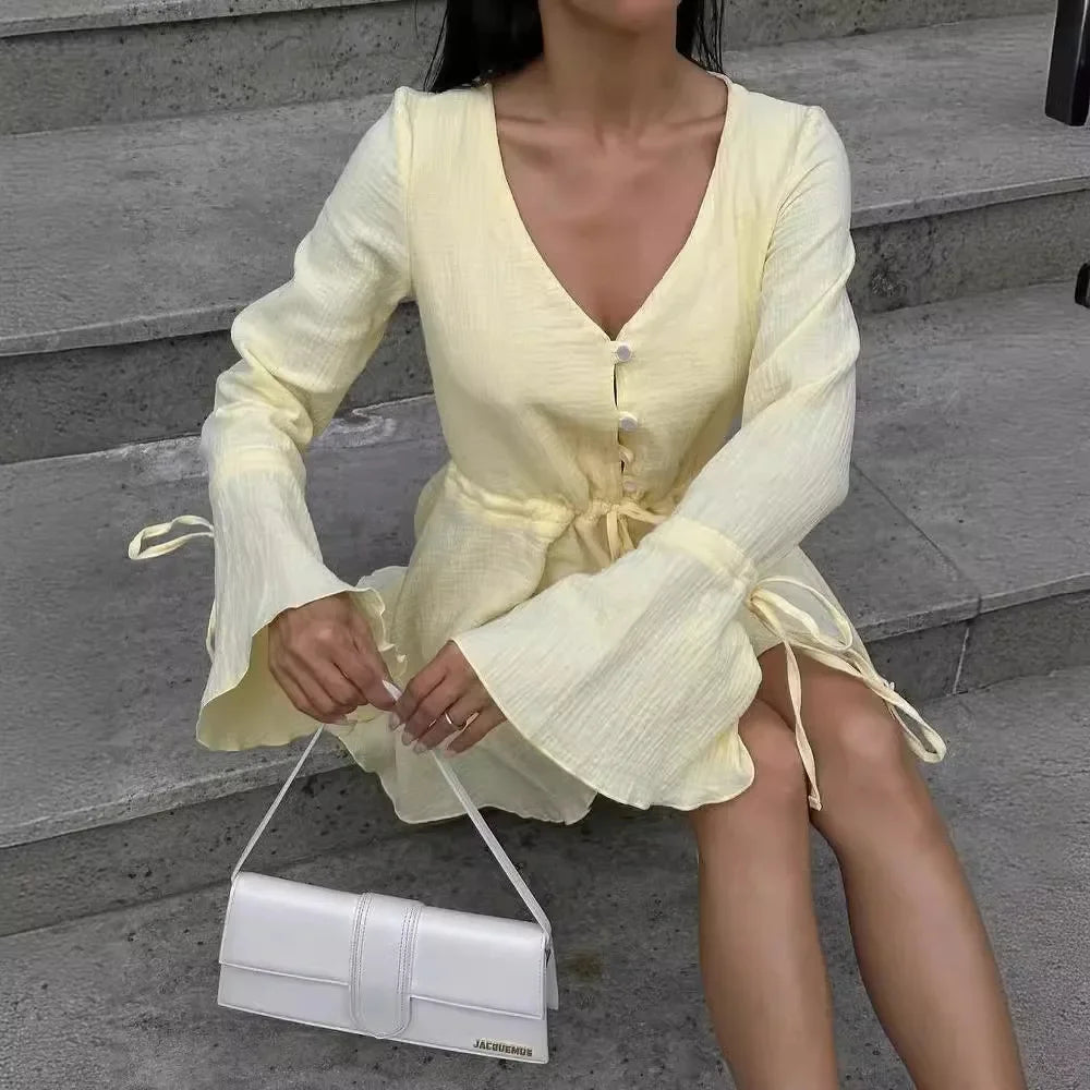 Aiertu  -  Cotton Pleated Women Jumpsuit with Button V-neck Drawstring High Waist Flared Sleeve Casual Rompers Commuter Strappy Jumpsuit Aiertu