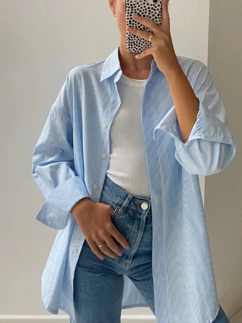 Aiertu  -  Chic Striped Women Shirt Loose 100% Cotton Shirts Tops Ladies Casual Lapel Oversized Lace Up Blouse Women Tops Blouse Aiertu