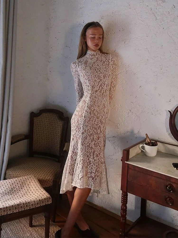 Aiertu  -  layered look inspo Women's Sexy Lace Hollow Fishtail Long Dresses White Elegant Round Neck Long Sleeved Vestido Female Chic New Slim Fit Gowns Aiertu