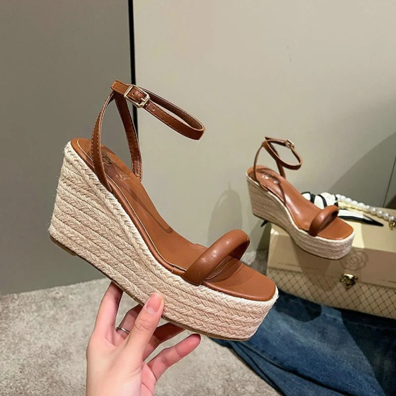 Aiertu  -  Summer New Buckle Square Head Hemp Wedge Sandals Thin Belt Braided Platform High Heel Shoes For Women Aiertu