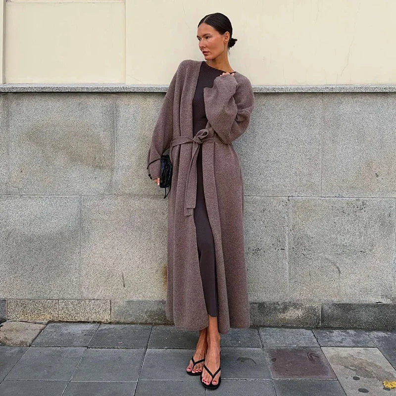 Aiertu  -  Elegant Solid Knitted Women Cardigan Long Sleeve Loose Female Coat 2024 Casual Lace Up Belt Lazy V-neck Lady Knitwear Coats Aiertu