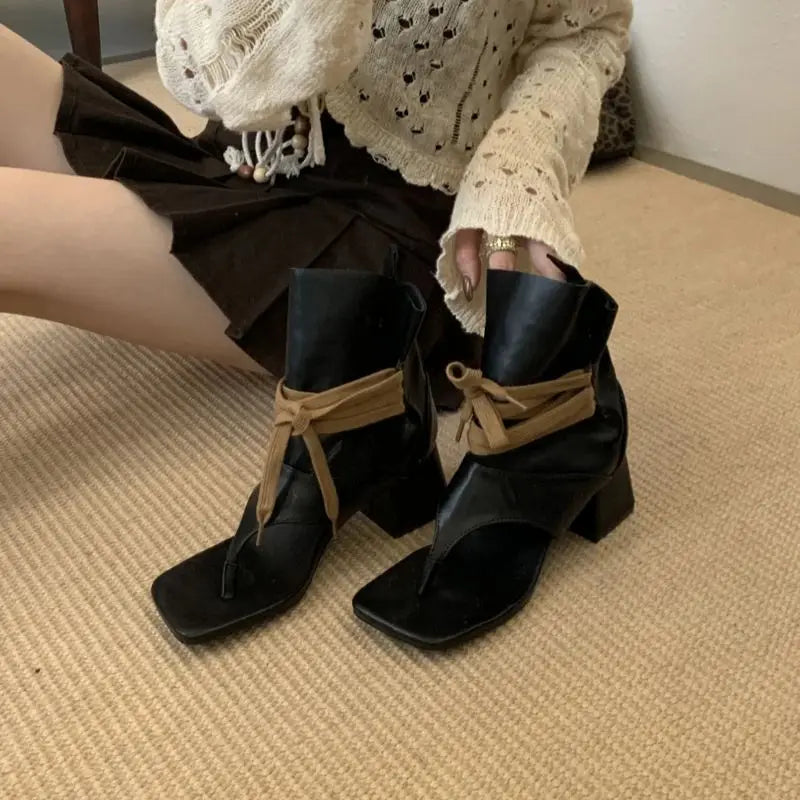 Aiertu    -  Woman Chunky Heels Summer Boots Fashion Thong High-toe Shoes Lace Up High Heels Ladies Sandals 2025 Trends Aiertu