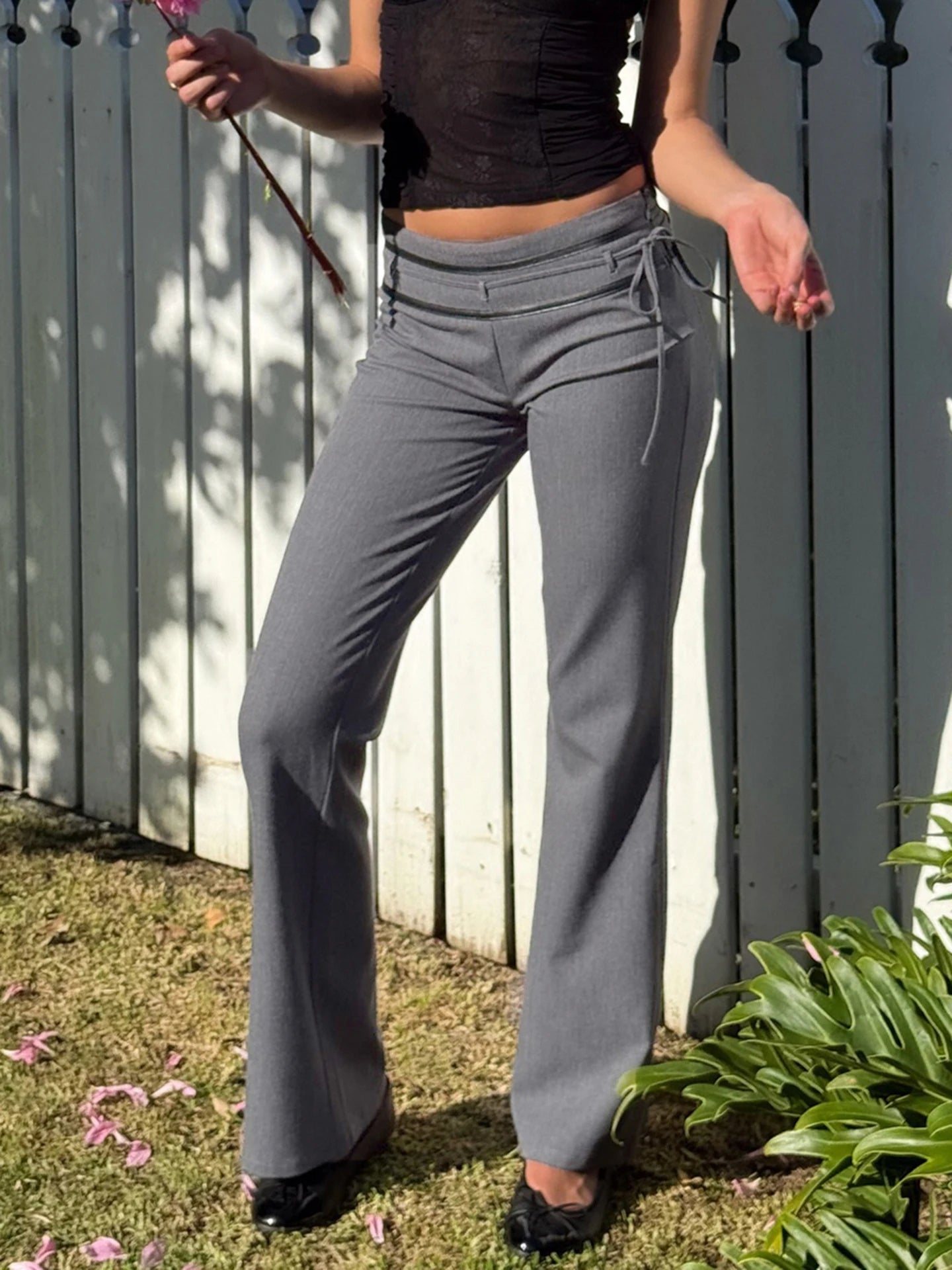 Aiertu  -  Ladies Casual Grey Flared Pants Chic Leather Striped Patchwork Low Rise Casual Pants Streetwear y2k Trouser Korean Style Aiertu