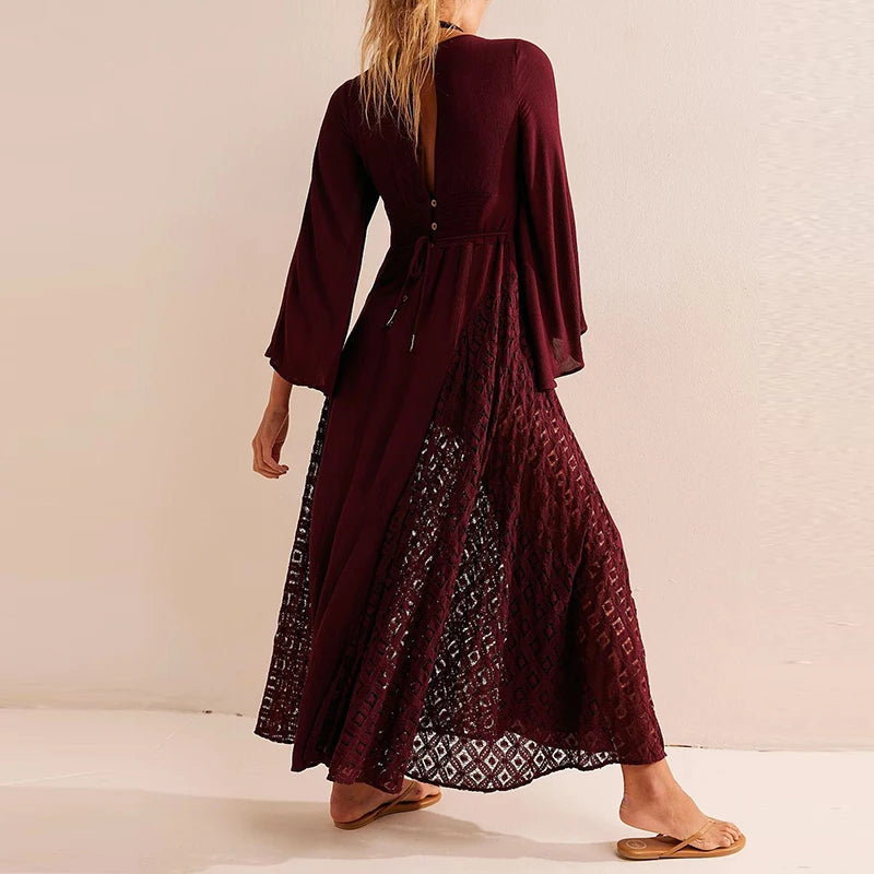 Aiertu  -  Casual Solid Flare Long Sleeved Dresses Elegant V Neck Lace Up Beach Vacation Dresses Fashion Lace Embroidery Women Long Dresses Aiertu