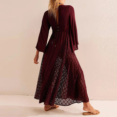 Aiertu  -  Casual Solid Flare Long Sleeved Dresses Elegant V Neck Lace Up Beach Vacation Dresses Fashion Lace Embroidery Women Long Dresses Aiertu