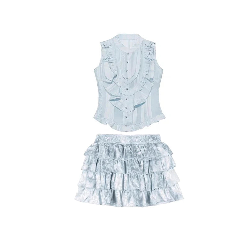 Aiertu  Y2k Sleeveless Shirt Cake Skirt Women 2-piece Set Blouse Top Tiered Ruffle Jacquard Mini Skirt Medieval Retro Clothes Aiertu