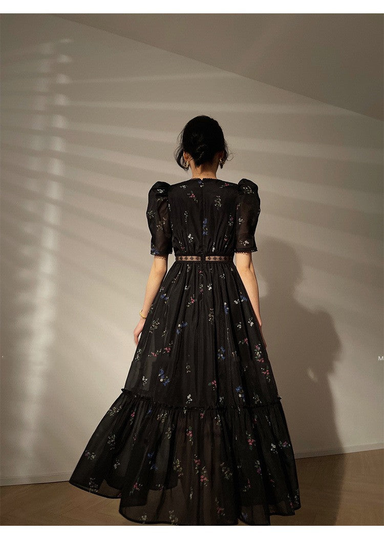 Aiertu - Puff Sleeve V-Neck Floral Maxi Dress Aiertu