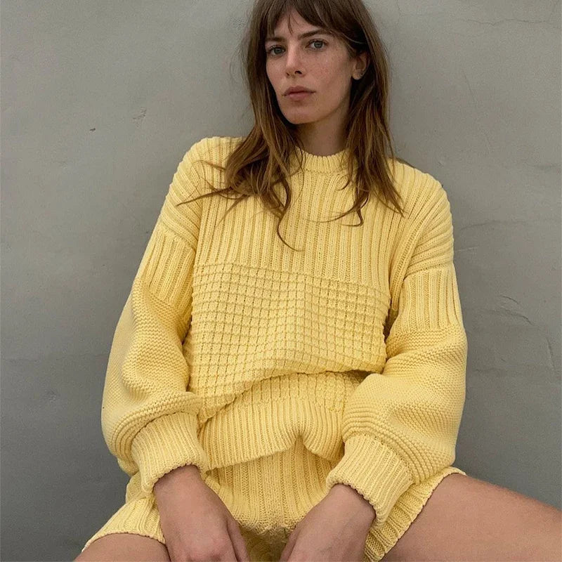 Aiertu  -  Solid Knitted Sweater Shorts Suit Women Casual Crochet O-neck Long Sleeve Pullover Short Pants 2026 Autumn New Lady Loose Outfit Aiertu
