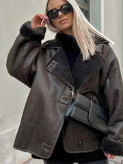 Aiertu  -  Women Fashion Lapel Leather Lamb Wool Jacket Chic Single-breasted Long Sleeves With Pocket Warm Coat 2026 Lady High Streetwear Aiertu