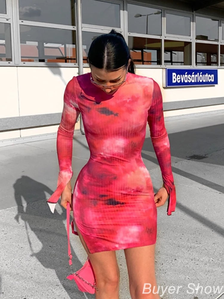 Aiertu Tie Dye Mock Neck Bodycon Dresses For Women Side Split Ribbed Long Sleeve Clubwear Midnight Outfit Party Mini Dress Hot Aiertu