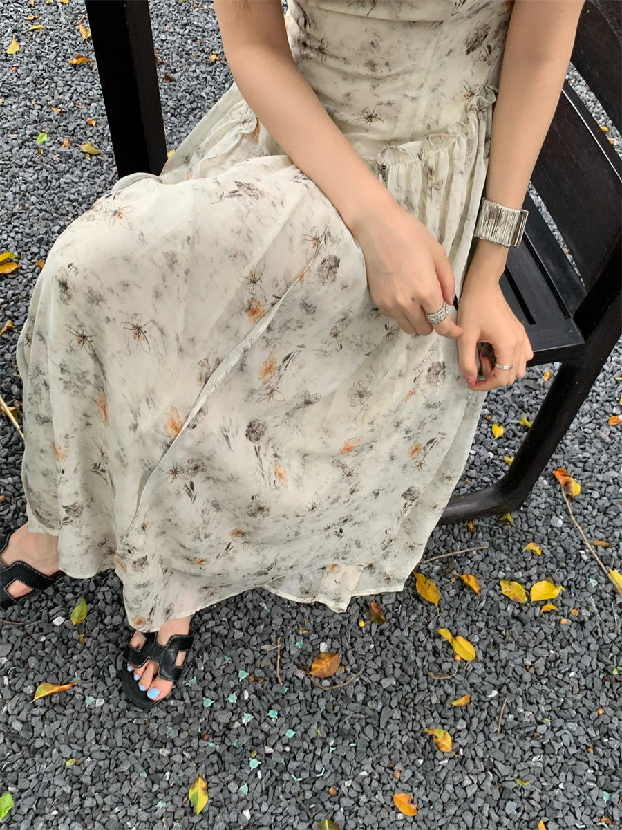 Aiertu  -  Vintage Elegant Women's Slim Summer Long Chiffon Dress Smudge Flower Square Collar Flattering Maxi Sundress Female Aiertu