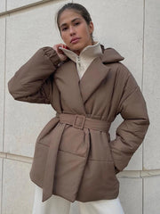 Aiertu  -  Fall Winter Thickened Lapel Cotton Jackets Coat For Women Solid Color Lace Up Waist-Cinching Casual Cotton-Padded Jacket Aiertu