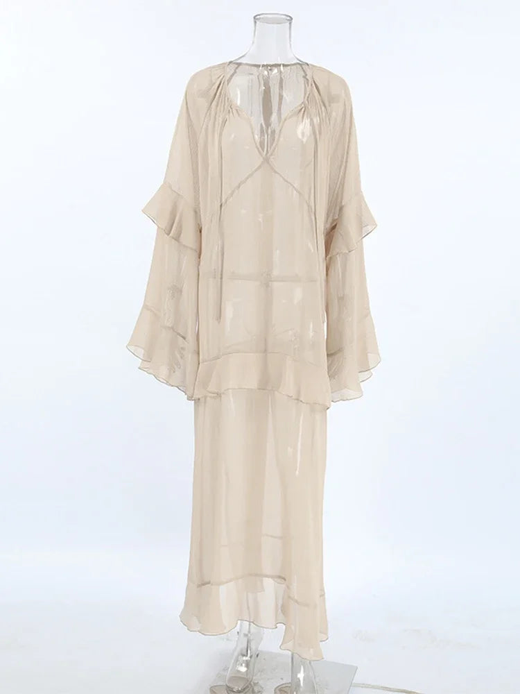 Aiertu  -  Fashion Oversized Cover Up Dress Women 2025 V Neck Loose Streetwear Casual Long Sleeve Maxi Dress Femme Ruffle Dresses Aiertu