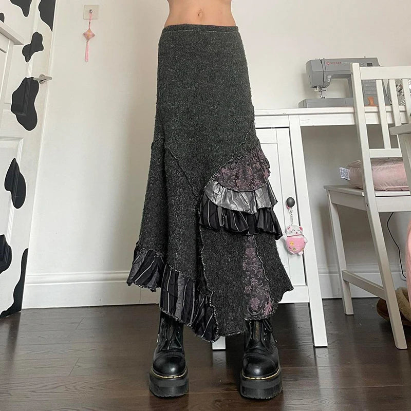 Aiertu  -  Irregular Ruffled Design Knitted Long Skirt Y2K Aesthetic Women Stylish Winter Skirts Vintage Chic High Street Outfit Aiertu