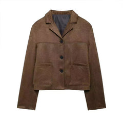 Aiertu  -  Vintage Suede Short Jackets Women Casual Lapel Single-breasted Long Sleeve Coat 2026 Autumn New Female Chic Brown Tops Outwear Aiertu