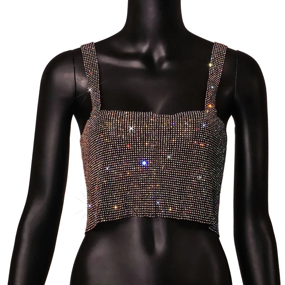 Aiertu  -  Metal Mesh Rhinestone Sleeveless Tank Top Women Back Hollow Chain Crop Tops Hot Girl Beach Sexy Club Party Vest Femme Aiertu