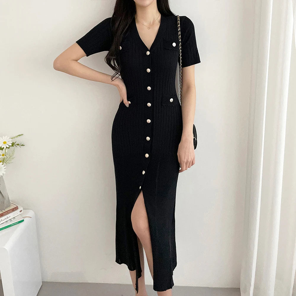 Aiertu Knitted Black Bodycon Korea Style Ruffle Ladies Short Sleeves Midi Dresses Elegant Casual V-neck Mermaid Dress for Women Summer Aiertu