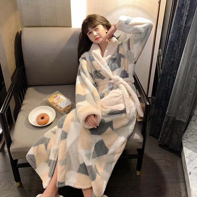 Aiertu  -  Women Print Mid-calf Robes Design Winter Warm Thick Korean Style Homewear Lounge Casual Popular Feminino Fashion Loose Bathrobe Aiertu