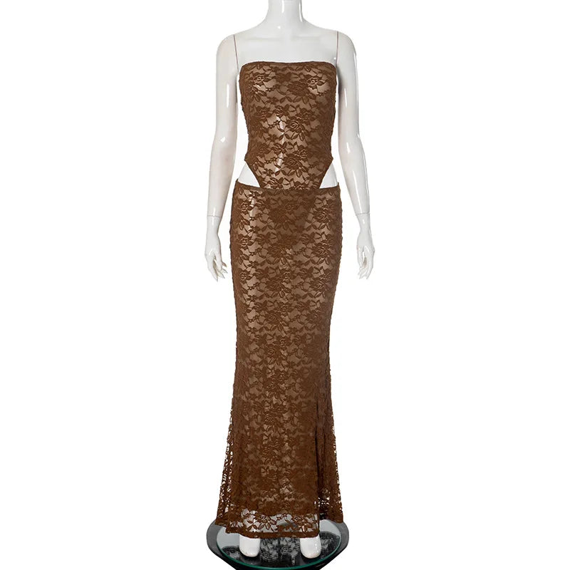 Aiertu  -  New Brown Lace Print High Waist Long Skirt Suit Women Sexy Off Shoulder Slim Short 2 Piece Set Summer New Party Holiday Outfits Aiertu