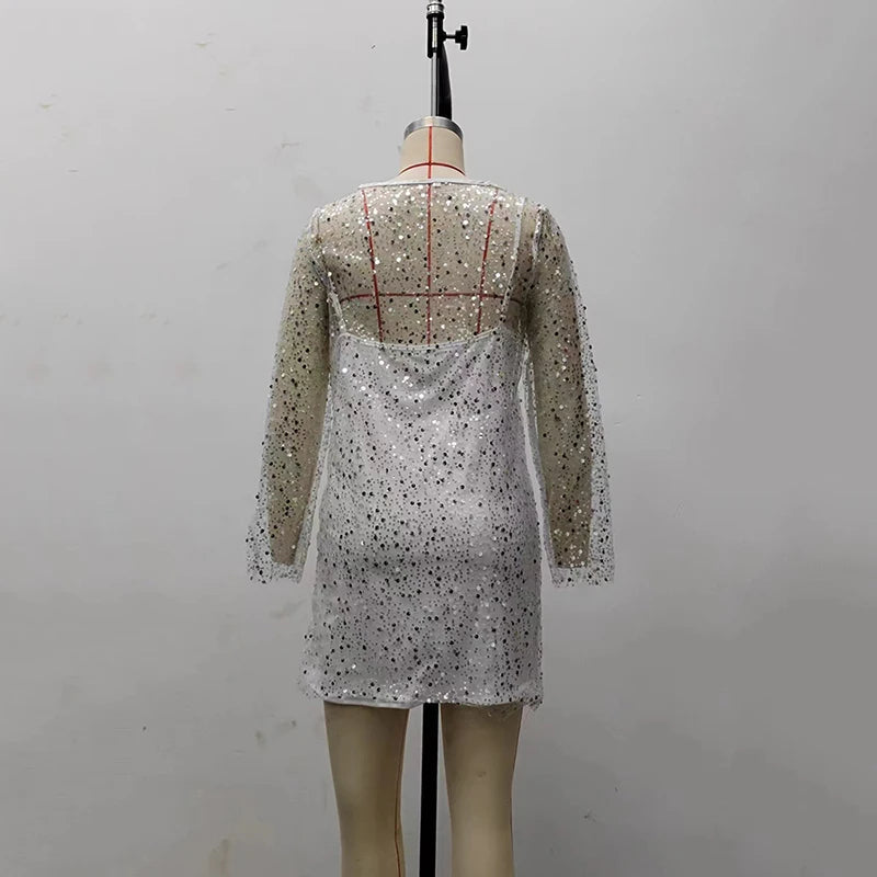 Aiertu  -  2026 Spring Two-in-one Gauze Mini Dress Female Vacation Party Short Dresses Fashion See Though Sequin Mesh Sling Dress For Women Aiertu