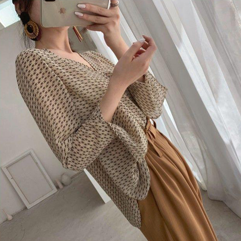 Aiertu Vintage Blouses Women Elegant V Neck Print Long Sleeve Loose Shirts Office Lady Casual Chiffon Chic Sun Protection Tops Aiertu