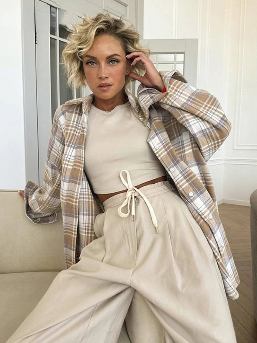 Aiertu  -  Women Vintage Long Sleeve Check Shirts Female Spring Fashion Casual Turn Down Collar Office Single Breasted Blouse Aiertu