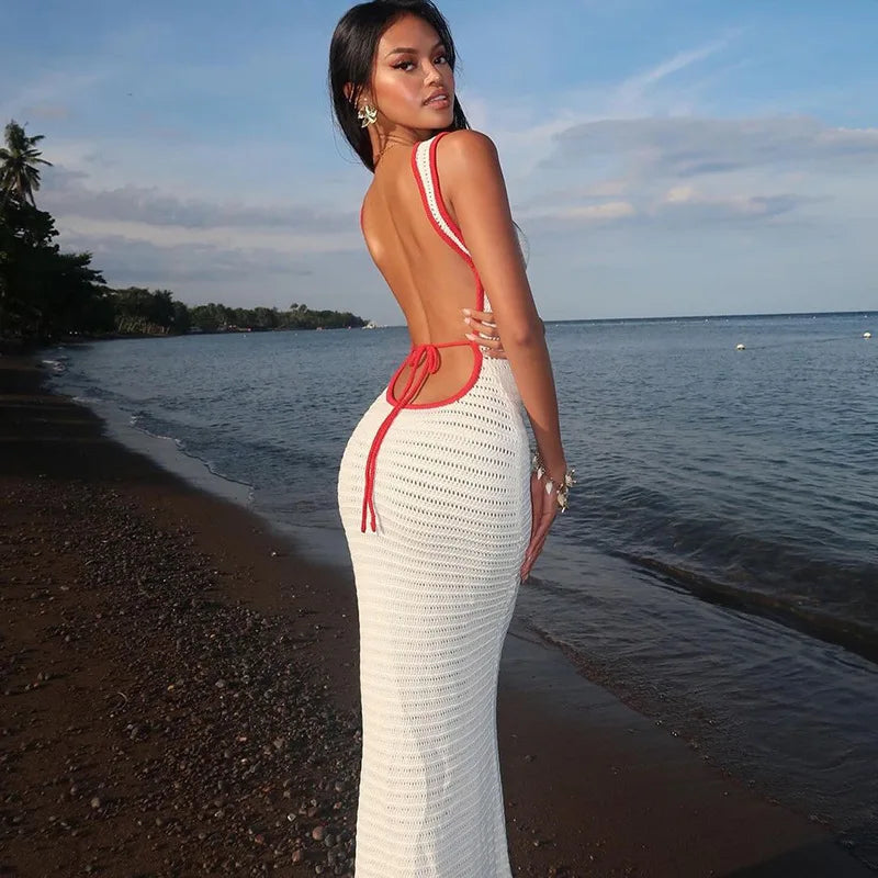 Aiertu  -   Elegant Sleeveless Hollow Out Knitted Maxi Dress Women Fashion Outfits Club Party Backless Tie Detail Long Dresses Aiertu