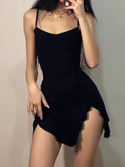Aiertu  -Ruffle Asymmetrical Ruched V-Neck Mini Dress aiertu