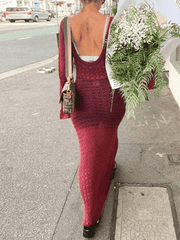 Aiertu  -  Crochet Hollow Backless Long Sleeve Cover Up Maxi Dress Aiertu