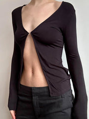 Aiertu  -Solid V-Neck Split Slim Long Sleeve Top aiertu