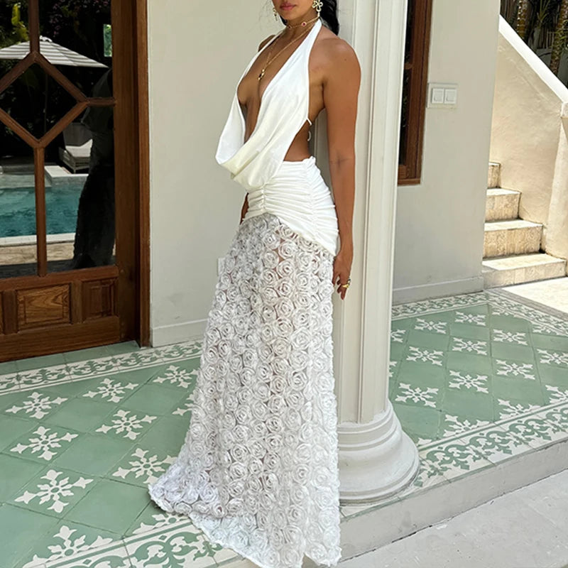 Aiertu  -  Elegant 3D Floral Swinging Collar Long Dresses Women Retro White Backless Ruched Lacing 2025 Chic Lady Party Club Gown Robe Aiertu