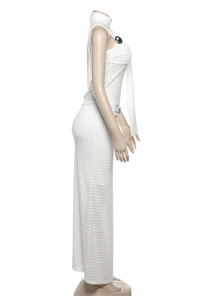 Aiertu  -  Elegant Sequined Patchwork 3 Piece Set Women Basic Scarf+Square Collar Tank Tops+Ruched Long Skirt Matching Trend Suits Aiertu