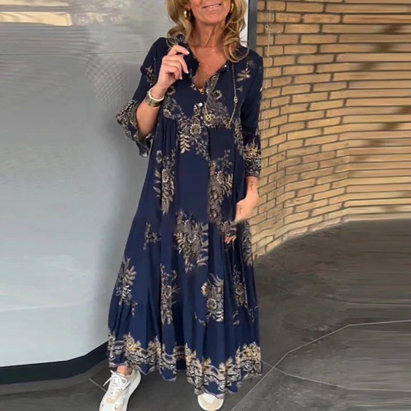 Aiertu  -  Elegant Deep V-neck Bohemian Long Dress Fashion Pattern Printed Pleated Party Dress Women Causal Long Sleeve Swing Beach Dress Aiertu