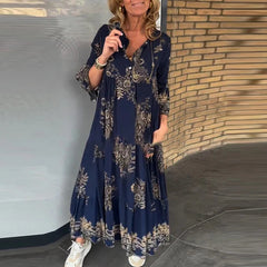Aiertu  -  Elegant Deep V-neck Bohemian Long Dress Fashion Pattern Printed Pleated Party Dress Women Causal Long Sleeve Swing Beach Dress Aiertu