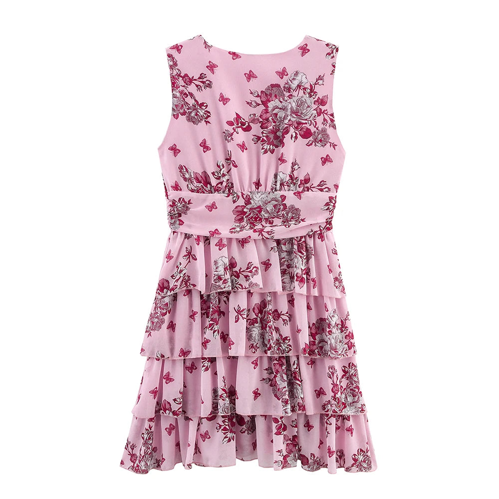 Aiertu  -  Pink White Deep Blue Three Color V Neck Sleeveless Floral Print Stacked Skirt Edge Design Women Short Dress ZATT 2025 Summer New Aiertu