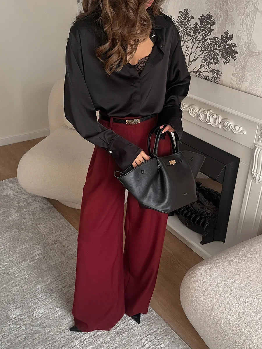 Aiertu  -  Burgundy Wide Leg Pants Women's Pocket Pleated Trousers Fashionable High Waisted Casual Loose Pants  Spring Summer New Aiertu