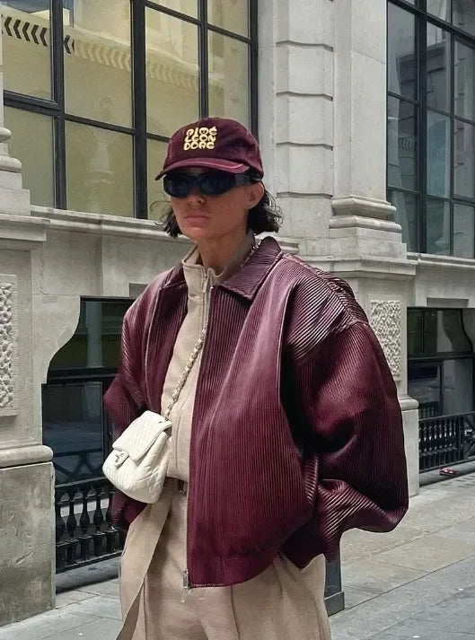 Aiertu  -  Autumn New Pu Leather Wine Red Jacket Women Casual Lapel Zipper Long Sleeved Short Coats 2026 Fashion Lady High Street Outerwear Aiertu