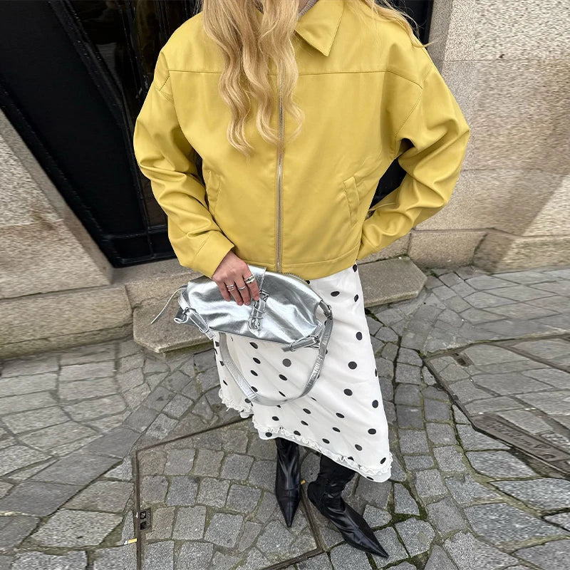 Aiertu  -  Zipper Lapel PU Leather Jacket Coat Vintage Pocket Cargo Jackets Baggy Women Short Outwear Top Lemon Yellow Overcoat Streetwear Aiertu