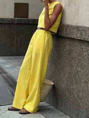 Aiertu  -  Solid Tank Tops Two-piece Set Summer New O Neck Sleeveless Cropped Top+Wide Leg Trouser Suits Simple Casual Chic Pants Sets 2025 Aiertu