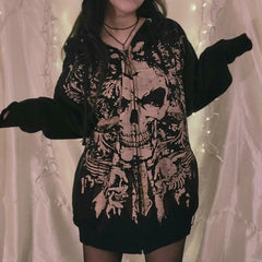Aiertu  -  Euramerican High Street Lazy Loose Sweatshirts Y2k Aesthetic Skull Punk Print American Vintage Clothing Zip Up Gothic Hoodies Aiertu