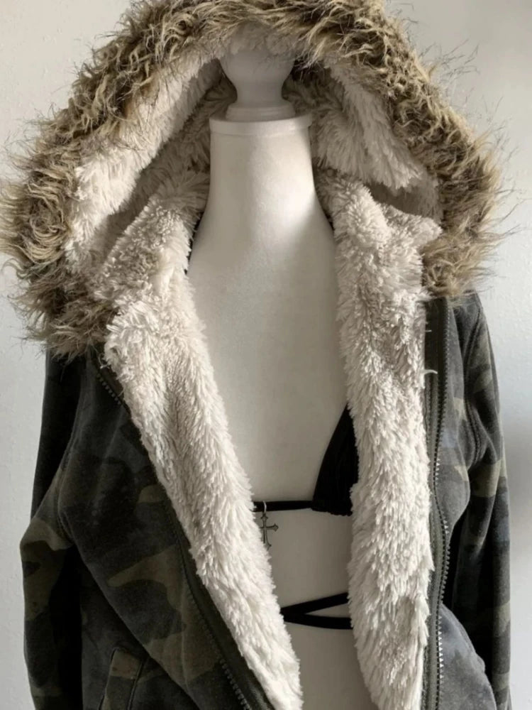 Aiertu  -  Harajuku Casual Fur Patchwork Hooded Hoodies Women Y2k Aesthetic Camouflage Streetwear Hoody Grunge Zippers Slim Fit Sweatshirts Aiertu