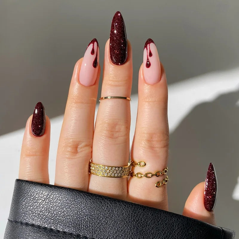Aiertu  -  24pcs Black French Full Cover Nail Tips Flower Design Mid-length Almond False Nails Wearable Oval Fake Nail Sets Press on Nails Aiertu