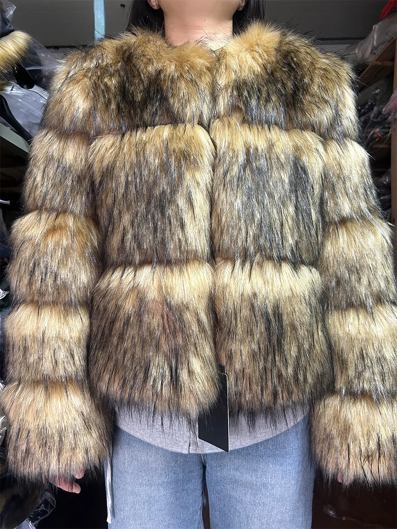 Aiertu  -  Women Fashion Faux Raccoon Fur Coat Luxury Short Furry Fur Top Jacket Women Winter Plush Fluffy Jacket Thick Fur Coats for Women Aiertu