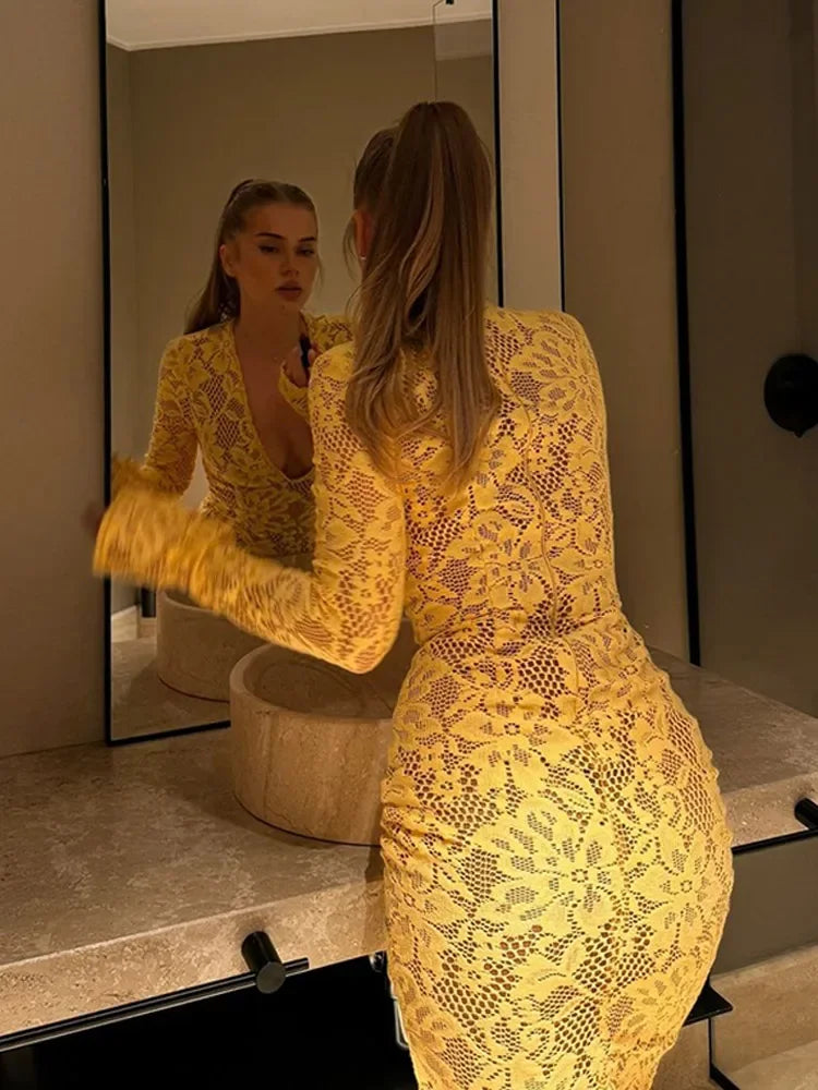 Aiertu  -  Sexy Yellow Deep-v Neck Long Dress Women Chic Long Sleeve Skinny Mermaid Dresses 2026 Autumn New Ladies Party Club Evening Robes Aiertu