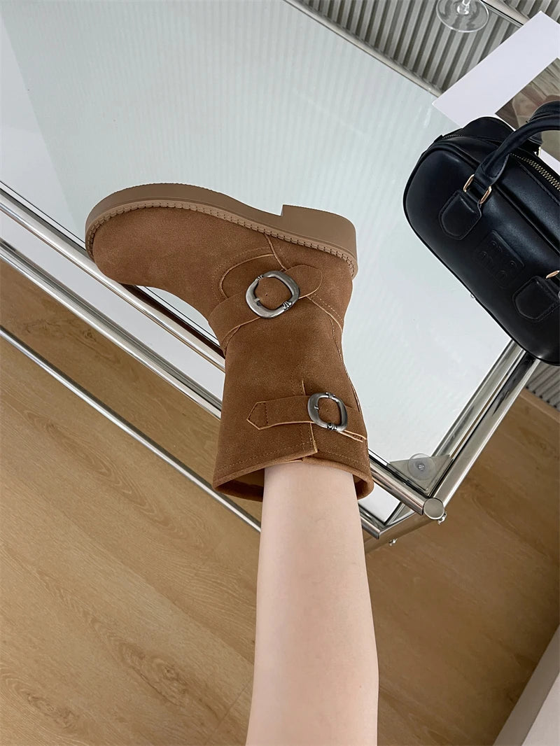 Aiertu    -  Black Ankle Boots For Woman Round Toe Chunky Heels Short Shoes Comforts Platforms Boots Belt Buckle Fall Shoes Botas De Mujer Aiertu