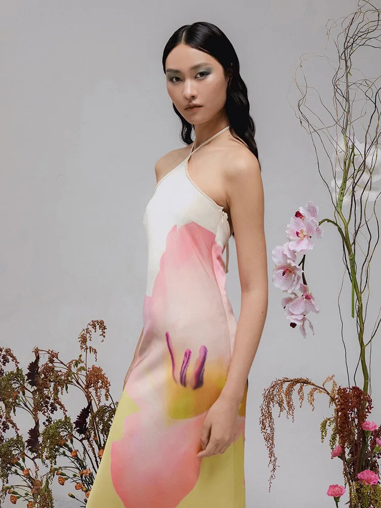 Aiertu  -  Fashion Printed Backless Maxi Dress Female Summer 2025 Slim Sleeveless Contrast Loose Halter Dress Women's Y2k Long Dress Aiertu